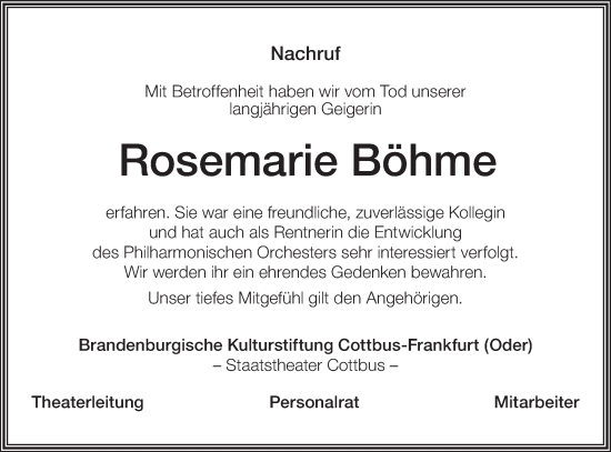 Traueranzeige von Rosemarie Böhme von Lausitzer Rundschau