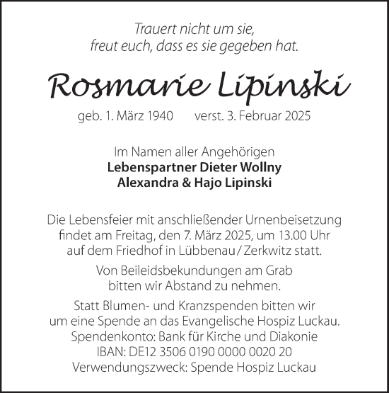 Traueranzeige von Rosmarie Lipinski von Lausitzer Rundschau