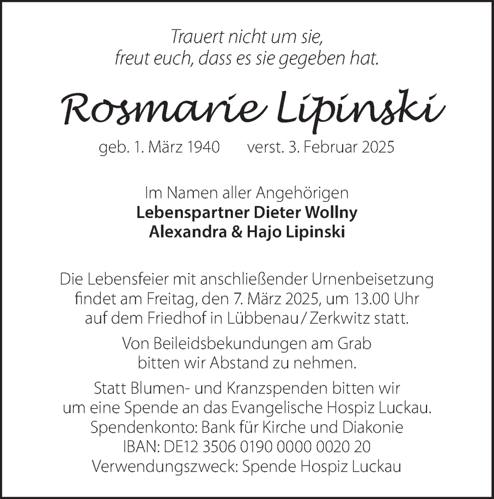  Traueranzeige für Rosmarie Lipinski vom 22.02.2025 aus Lausitzer Rundschau