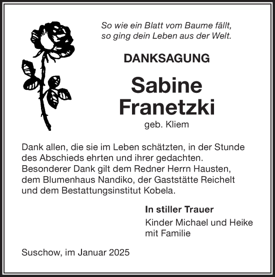Traueranzeige von Sabine Franetzki von Lausitzer Rundschau