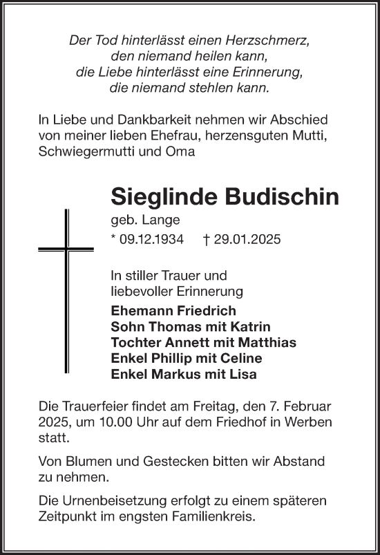 Traueranzeige von Sieglinde Budischin von Lausitzer Rundschau