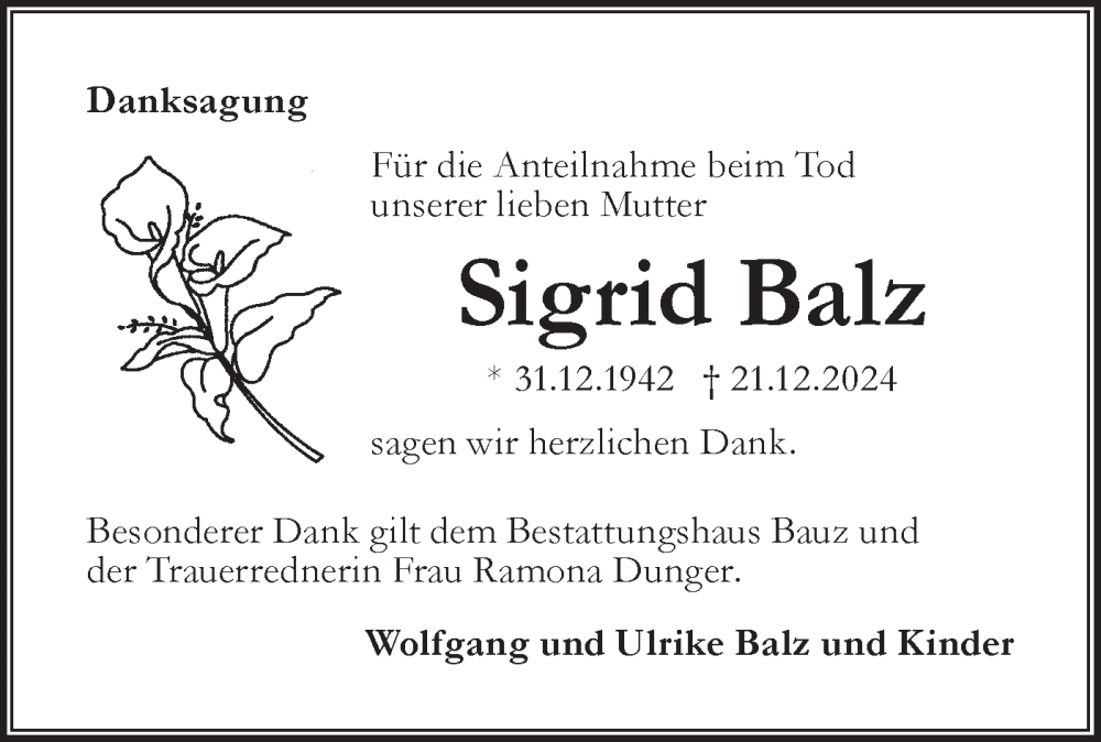  Traueranzeige für Sigrid Balz vom 08.02.2025 aus Lausitzer Rundschau