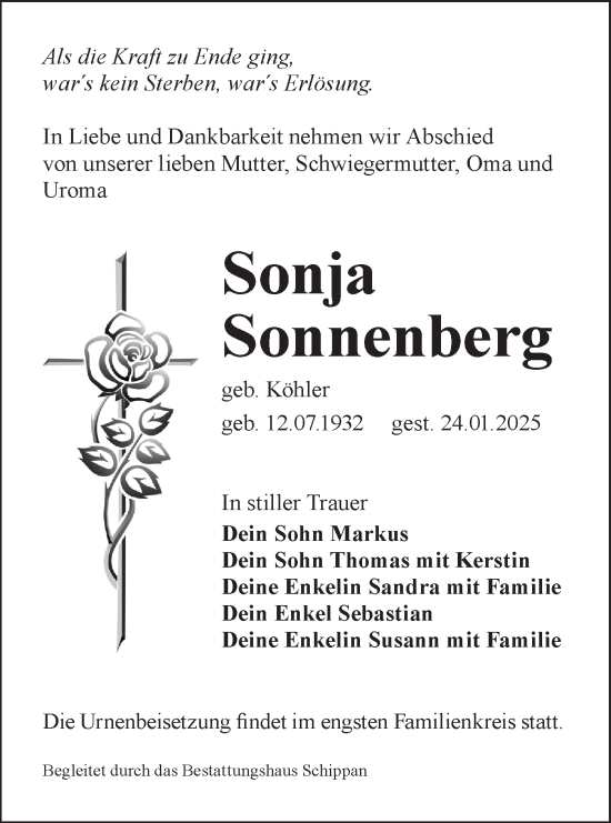 Traueranzeige von Sonja Sonnenberg von Lausitzer Rundschau