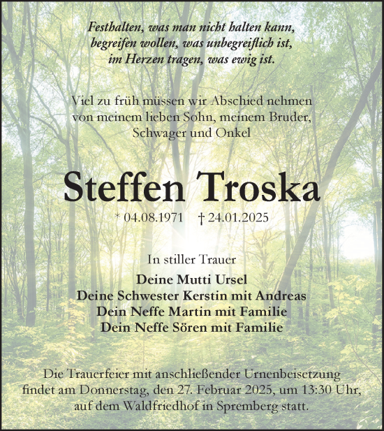 Traueranzeige von Steffen Troska von Lausitzer Rundschau