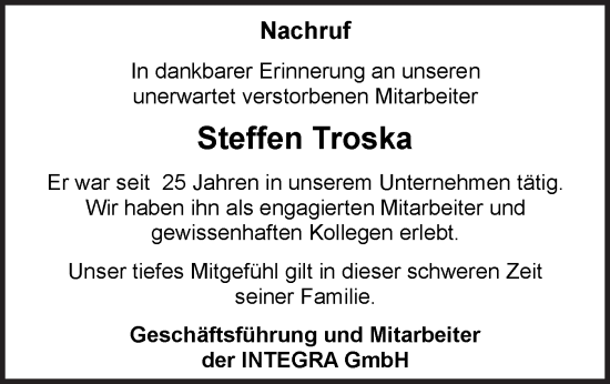 Traueranzeige von Steffen Troska von Lausitzer Rundschau