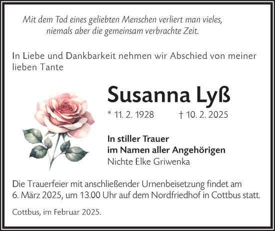 Traueranzeige von Susanna Lyß von Lausitzer Rundschau
