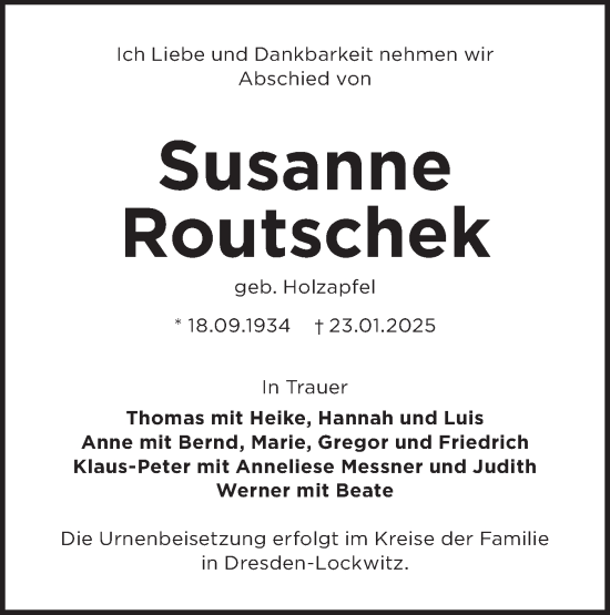Traueranzeige von Susanne Routschek von Lausitzer Rundschau