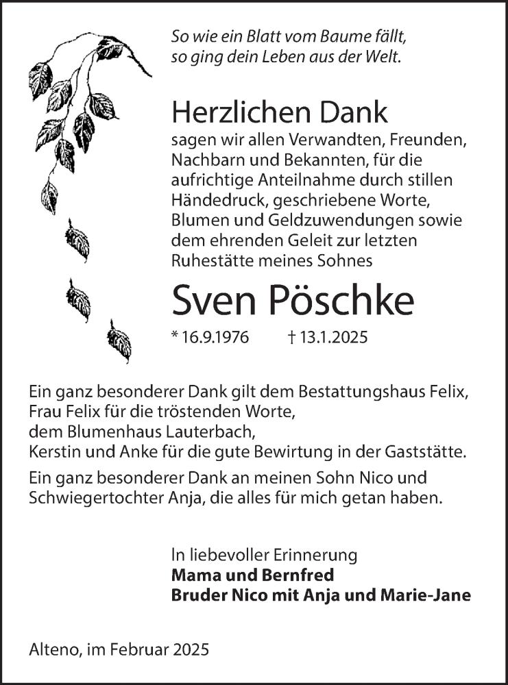  Traueranzeige für Sven Pöschke vom 22.02.2025 aus Lausitzer Rundschau