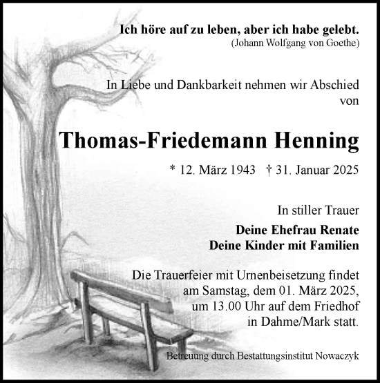 Traueranzeige von Thomas-Friedemann Henning von Lausitzer Rundschau