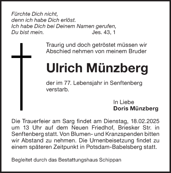 Traueranzeige von Ulrich Münzberg von Lausitzer Rundschau