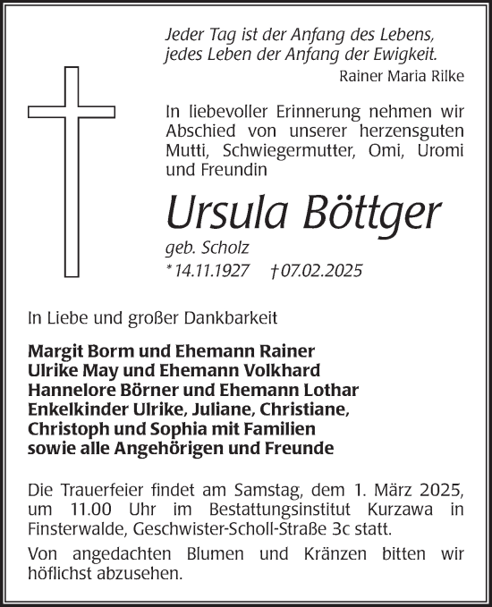 Traueranzeige von Ursula Böttger von Lausitzer Rundschau