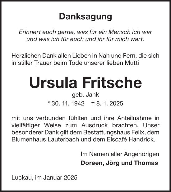 Traueranzeige von Ursula Fritsche von Lausitzer Rundschau