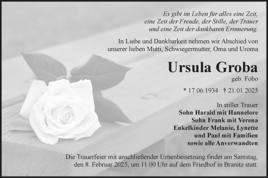 Traueranzeige von Ursula Groba von Lausitzer Rundschau
