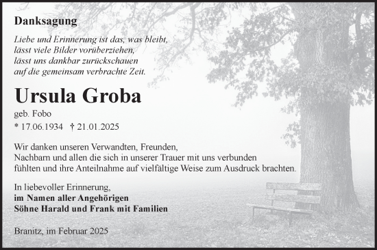 Traueranzeige von Ursula Groba von Lausitzer Rundschau