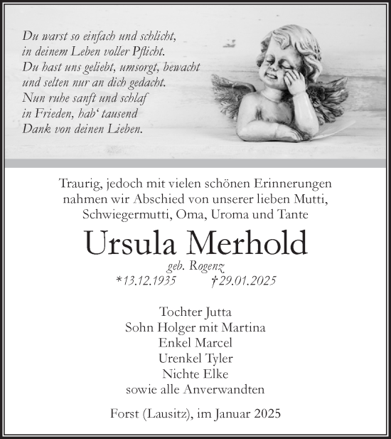 Traueranzeige von Ursula Merhold von Lausitzer Rundschau