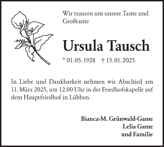 Traueranzeige von Ursula Tausch von Lausitzer Rundschau