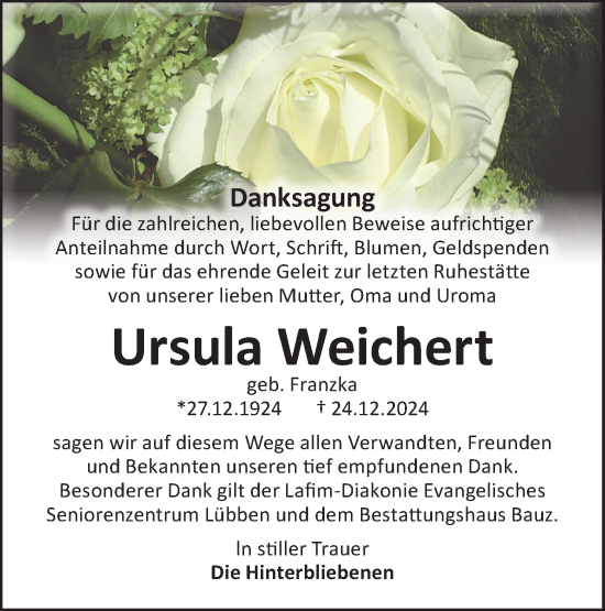 Traueranzeige von Ursula Weichert von Lausitzer Rundschau