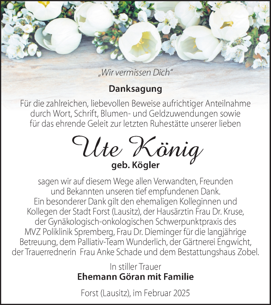  Traueranzeige für Ute König vom 01.02.2025 aus Lausitzer Rundschau