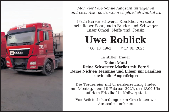 Traueranzeige von Uwe Roblick von Lausitzer Rundschau