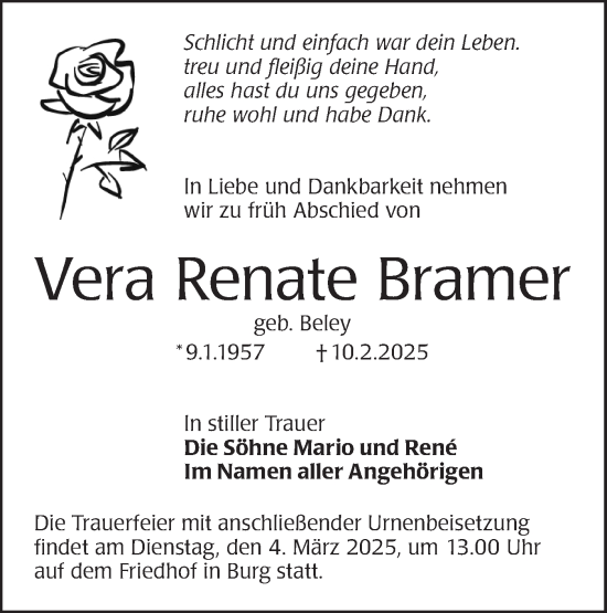 Traueranzeige von Vera Renate Bramer von Lausitzer Rundschau