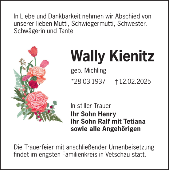 Traueranzeige von Wally Kienitz von Lausitzer Rundschau