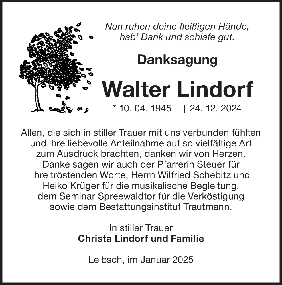  Traueranzeige für Walter Lindorf vom 08.02.2025 aus Lausitzer Rundschau