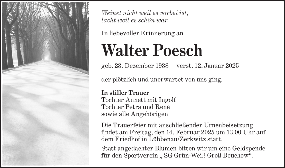  Traueranzeige für Walter Poesch vom 01.02.2025 aus Lausitzer Rundschau