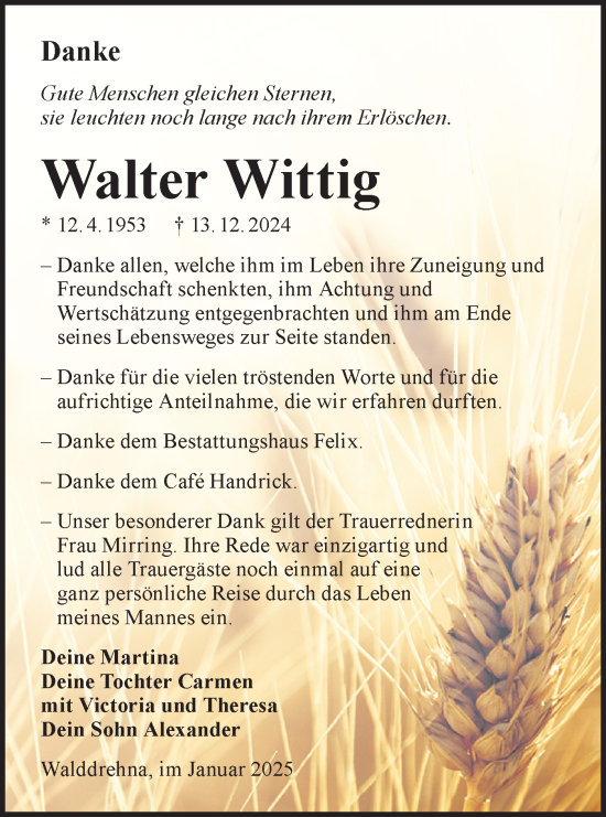 Traueranzeige von Walter Wittig von Lausitzer Rundschau