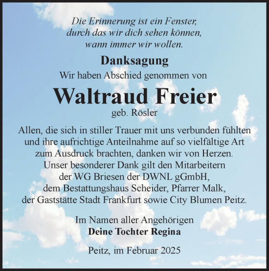 Traueranzeige von Waltraud Freier von Lausitzer Rundschau
