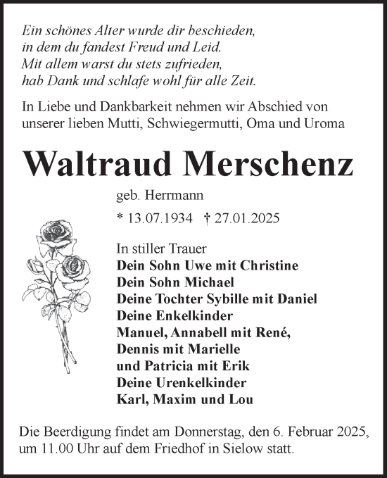 Traueranzeige von Waltraud Merschenz von Lausitzer Rundschau