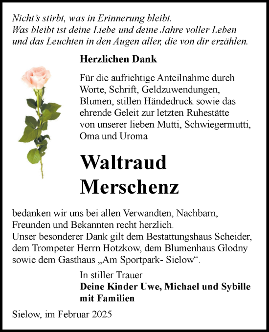 Traueranzeige von Waltraud Merschenz von Lausitzer Rundschau