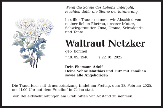 Traueranzeige von Waltraut Netzker von Lausitzer Rundschau