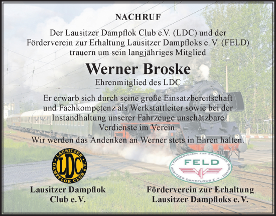 Traueranzeige von Werner Broske von Lausitzer Rundschau