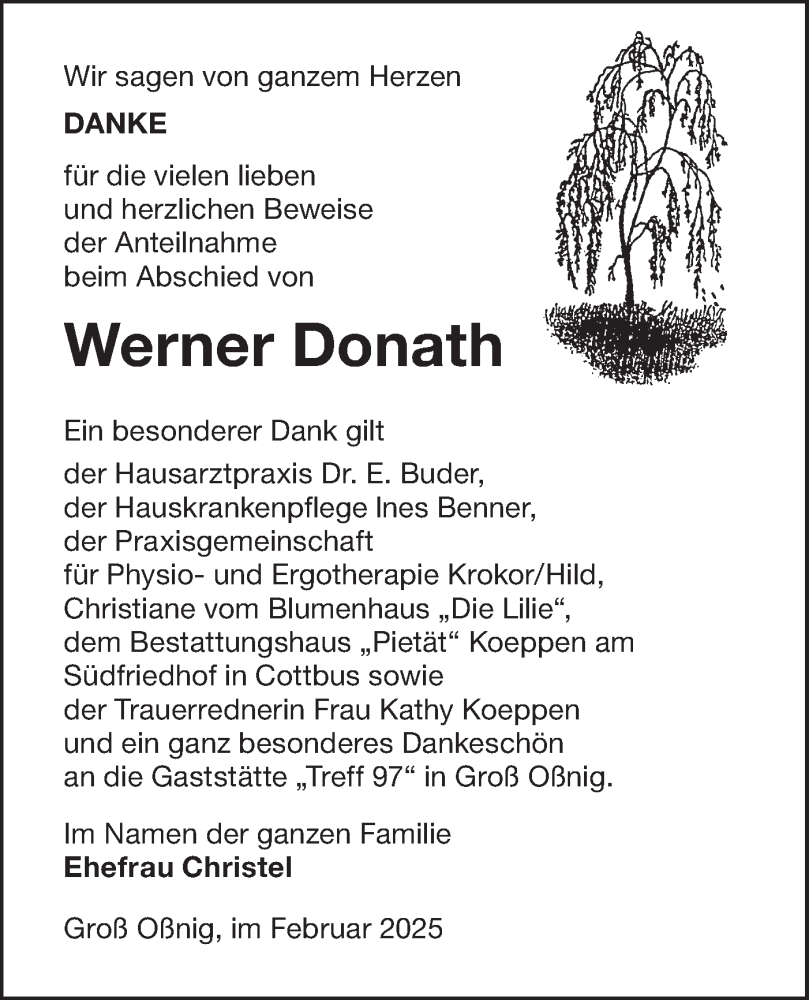  Traueranzeige für Werner Donath vom 15.02.2025 aus Lausitzer Rundschau