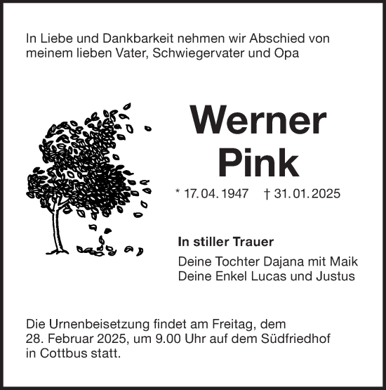 Traueranzeige von Werner Pink von Lausitzer Rundschau