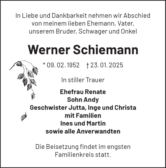 Traueranzeige von Werner Schiemann von Lausitzer Rundschau