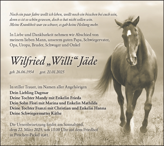 Traueranzeige von Wilfried Jäde von Lausitzer Rundschau
