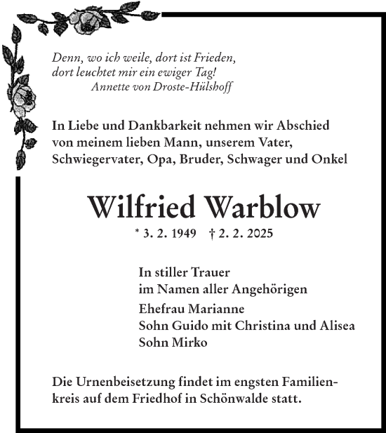 Traueranzeige von Wilfried Warblow von Lausitzer Rundschau