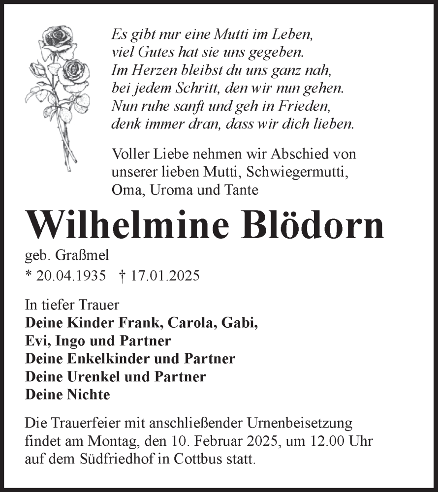  Traueranzeige für Wilhelmine Blödorn vom 01.02.2025 aus Lausitzer Rundschau