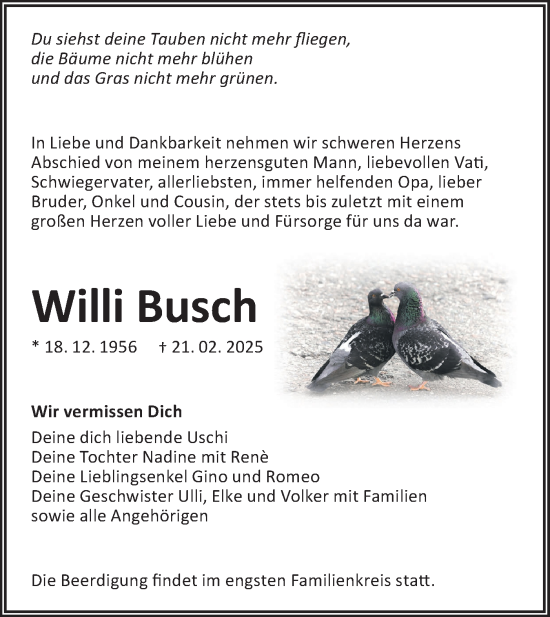 Traueranzeige von Willi Busch von Lausitzer Rundschau