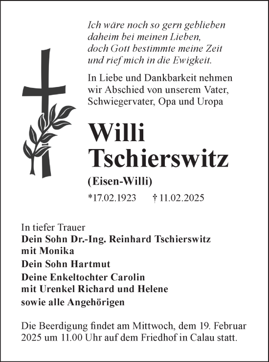 Traueranzeige von Willi Tschierswitz von Lausitzer Rundschau