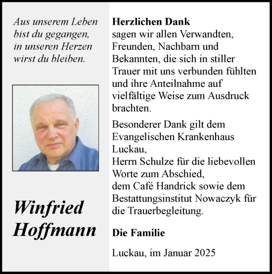 Traueranzeige von Winfried Hoffmann von Lausitzer Rundschau
