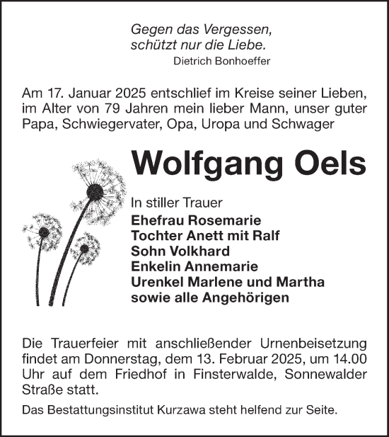 Traueranzeige von Wolfgang Oels von Lausitzer Rundschau