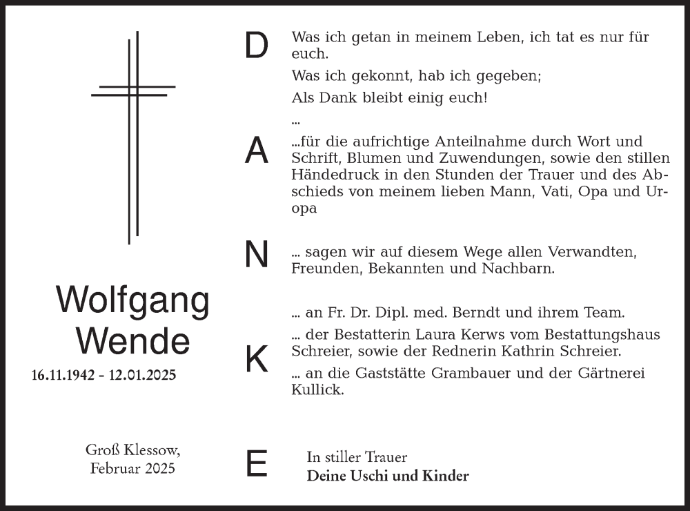  Traueranzeige für Wolfgang Wende vom 08.02.2025 aus Lausitzer Rundschau