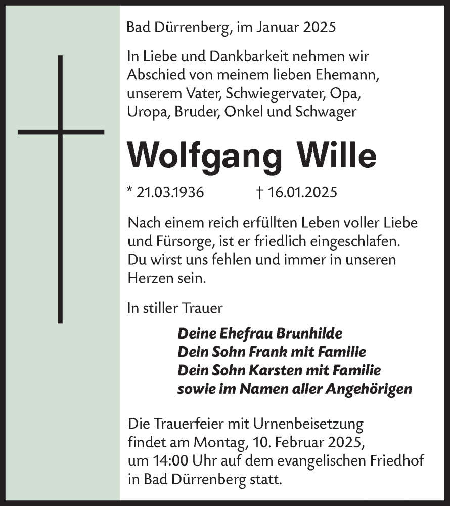  Traueranzeige für Wolfgang Wille vom 01.02.2025 aus Lausitzer Rundschau