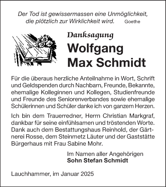 Traueranzeige von Wolfgang Max Schmidt von Lausitzer Rundschau