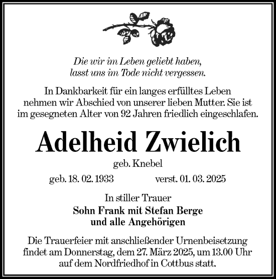 Traueranzeige von Adelheid Zwielich von Lausitzer Rundschau