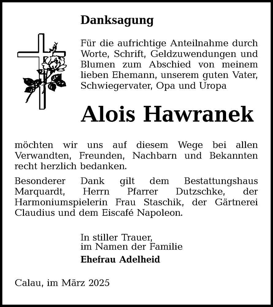  Traueranzeige für Alois Hawranek vom 15.03.2025 aus Lausitzer Rundschau