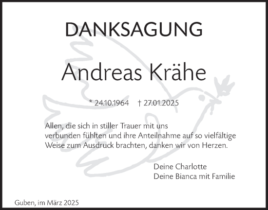 Traueranzeige von Andreas Krähe von Lausitzer Rundschau