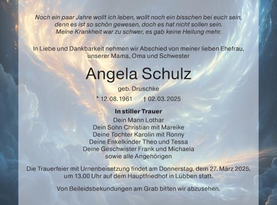 Traueranzeige von Angela Schulz von Lausitzer Rundschau
